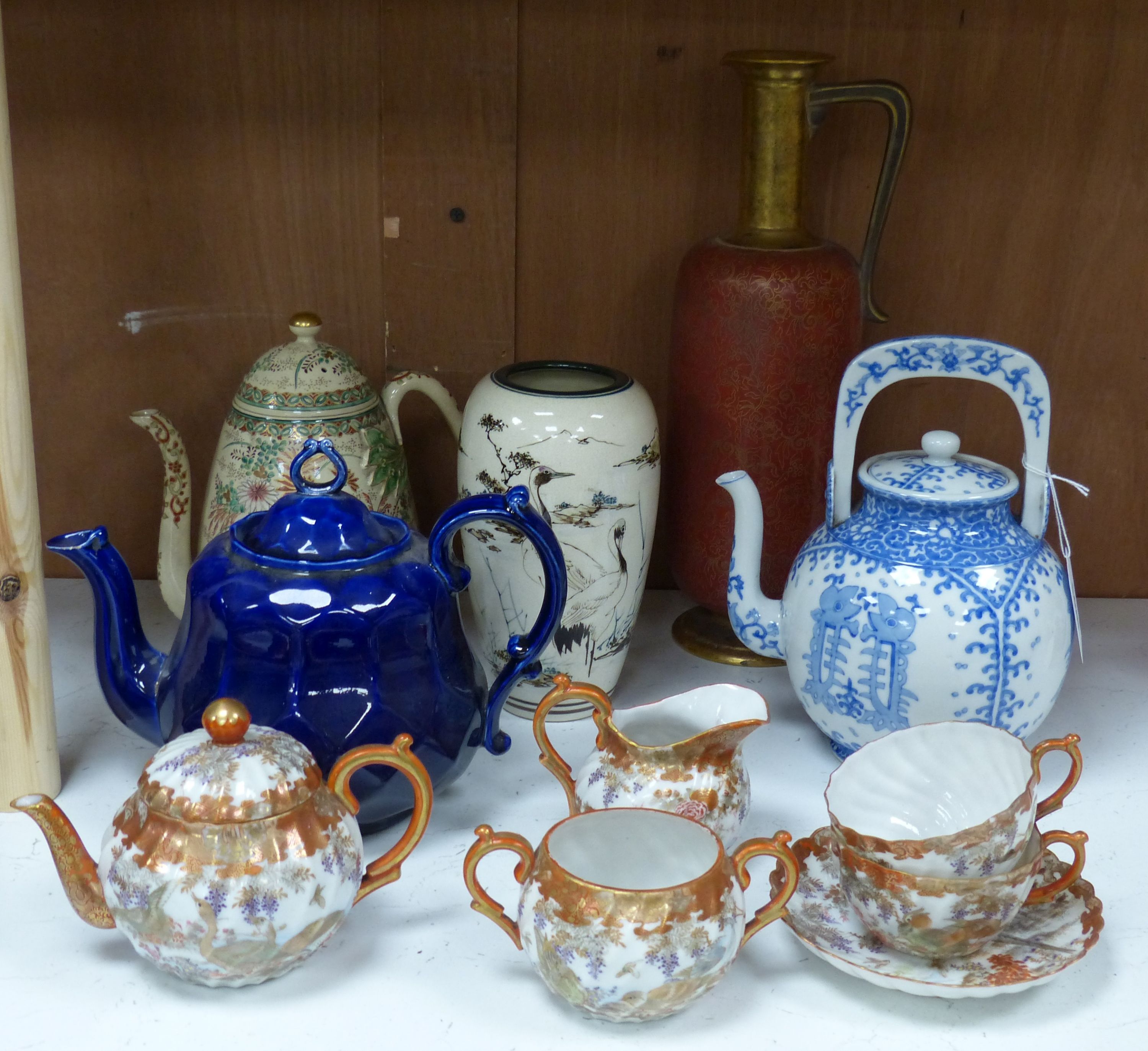 A Japanese blue and white tea kettle, Satsuma and Kutani wares etc